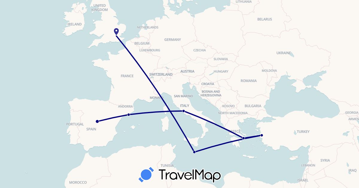 TravelMap itinerary: driving in Spain, United Kingdom, Greece, Italy, Malta, Turkey (Asia, Europe)